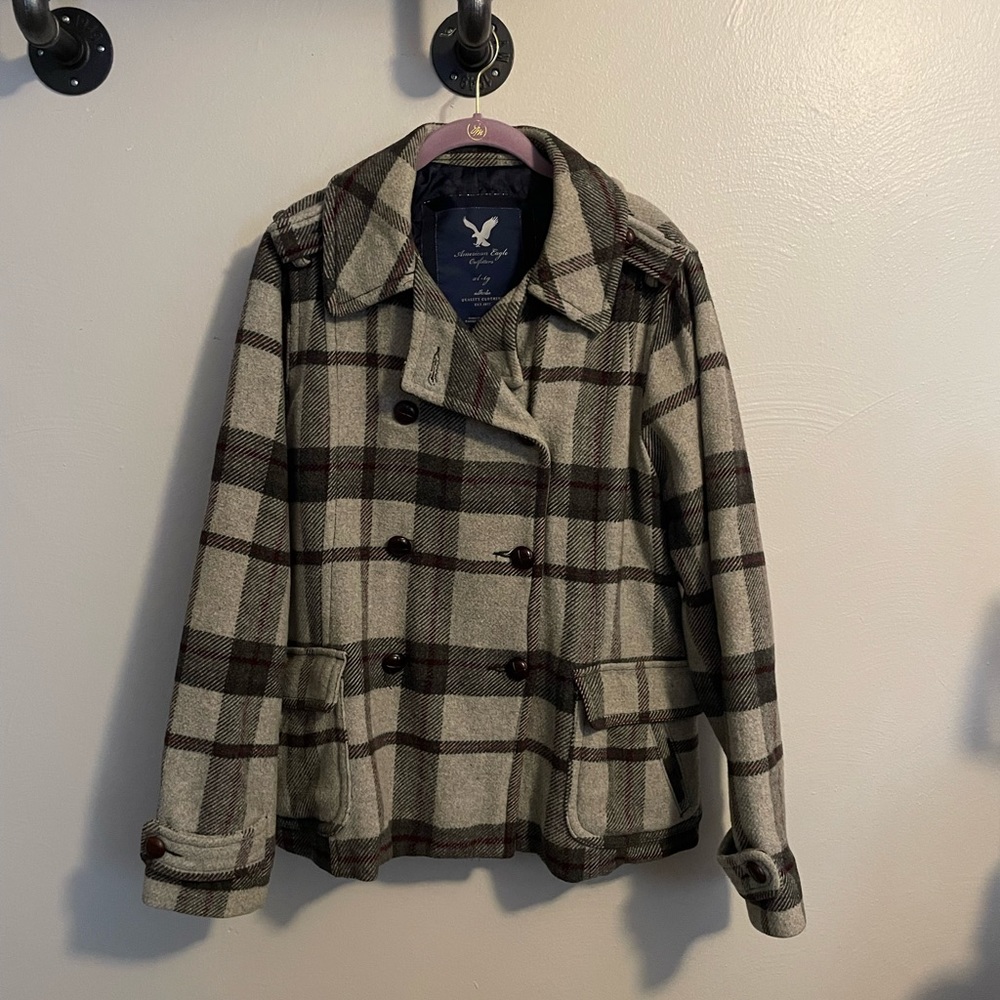 Gray plaid wool blend American Eagle pea coat